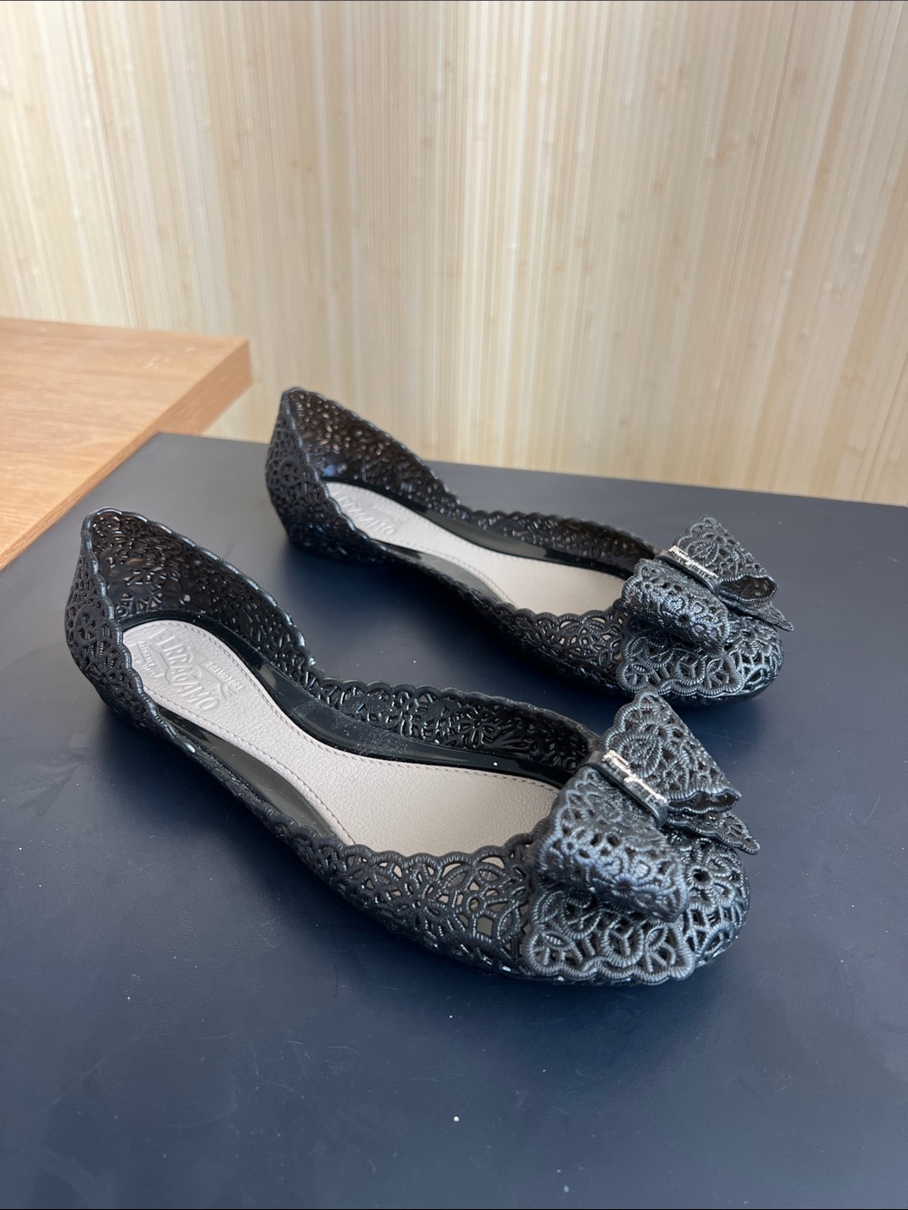 Salvatore Ferragamo Black Lace-Style Bow Flats
